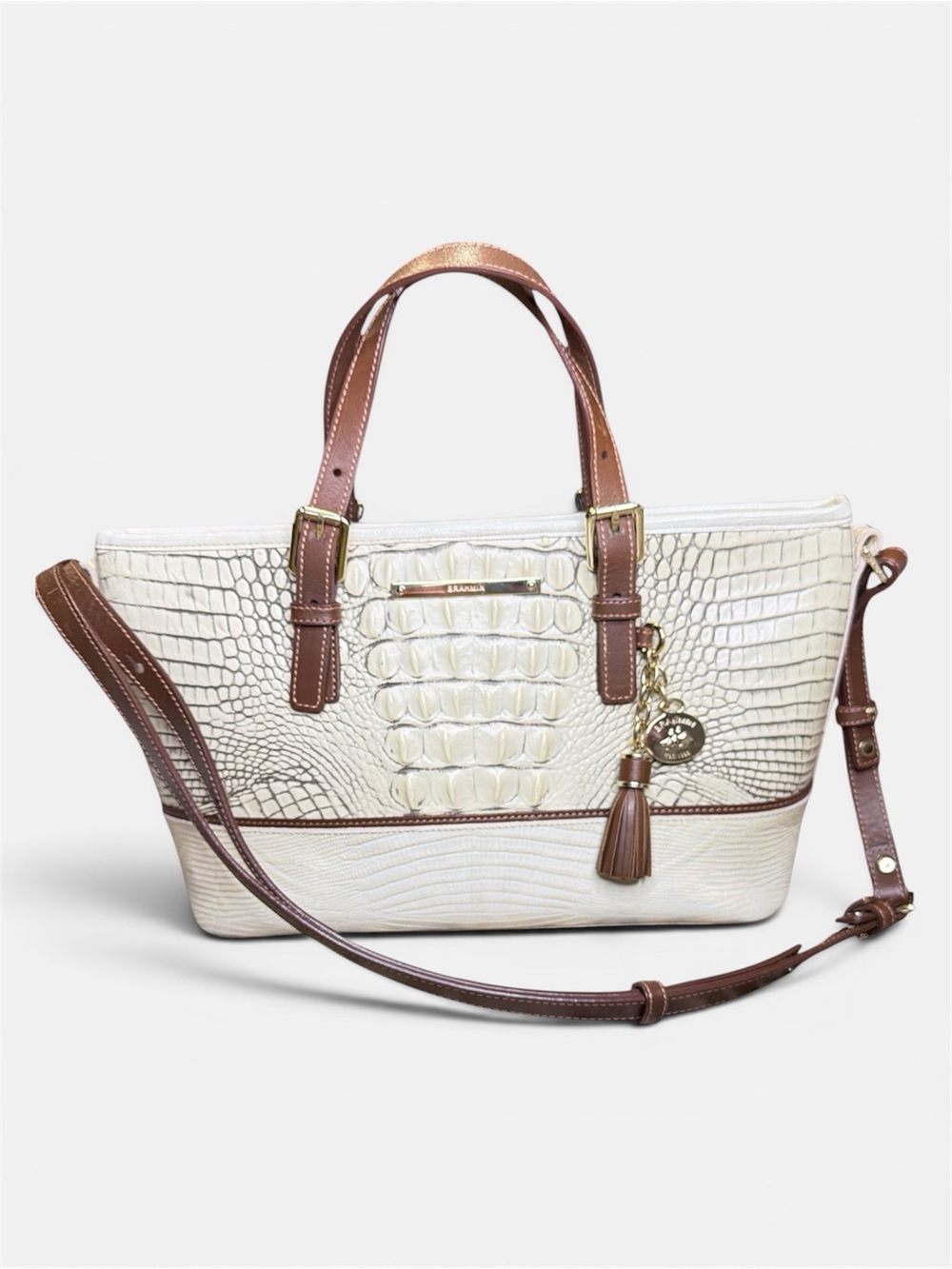 Brahmin Mini Asher Croc-Embossed Leather Satchel in Beige and Brown